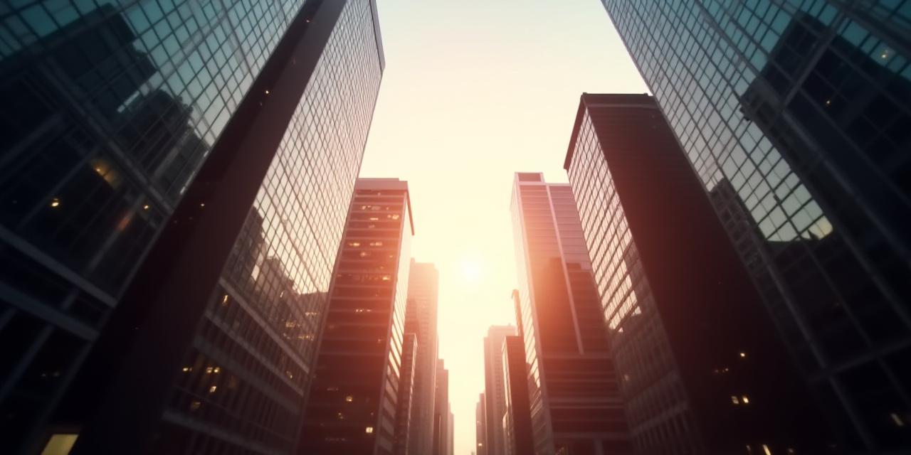 Panoramic view of a modern financial district with overlay