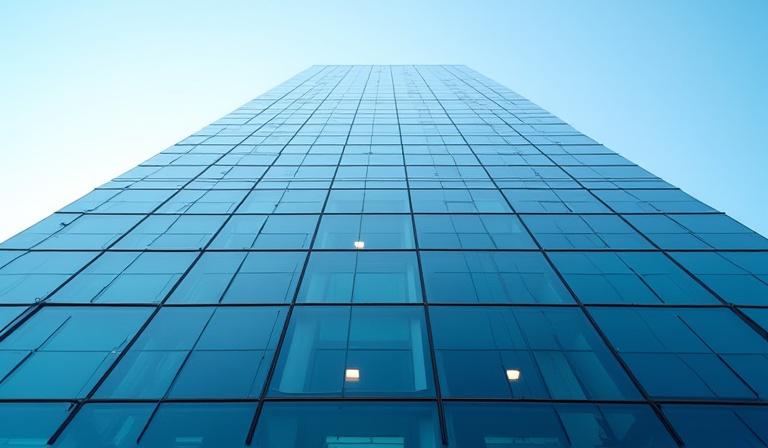 Modern commercial glass building facade in a bustling capital city