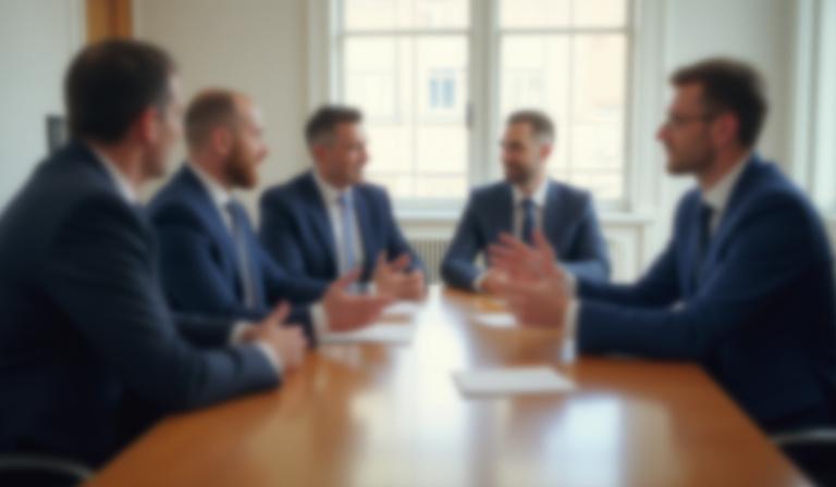 Corporate meeting room with blurred people collaborating around a wooden table